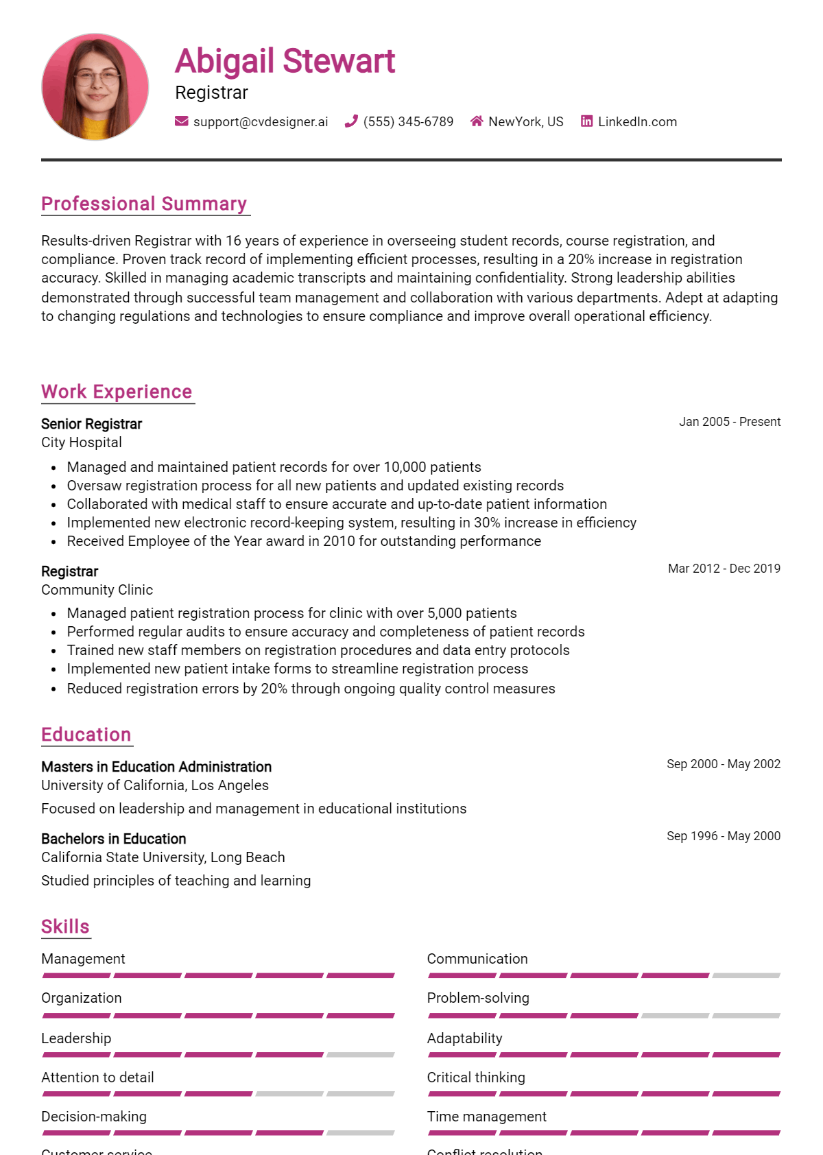Registrar Resume Example