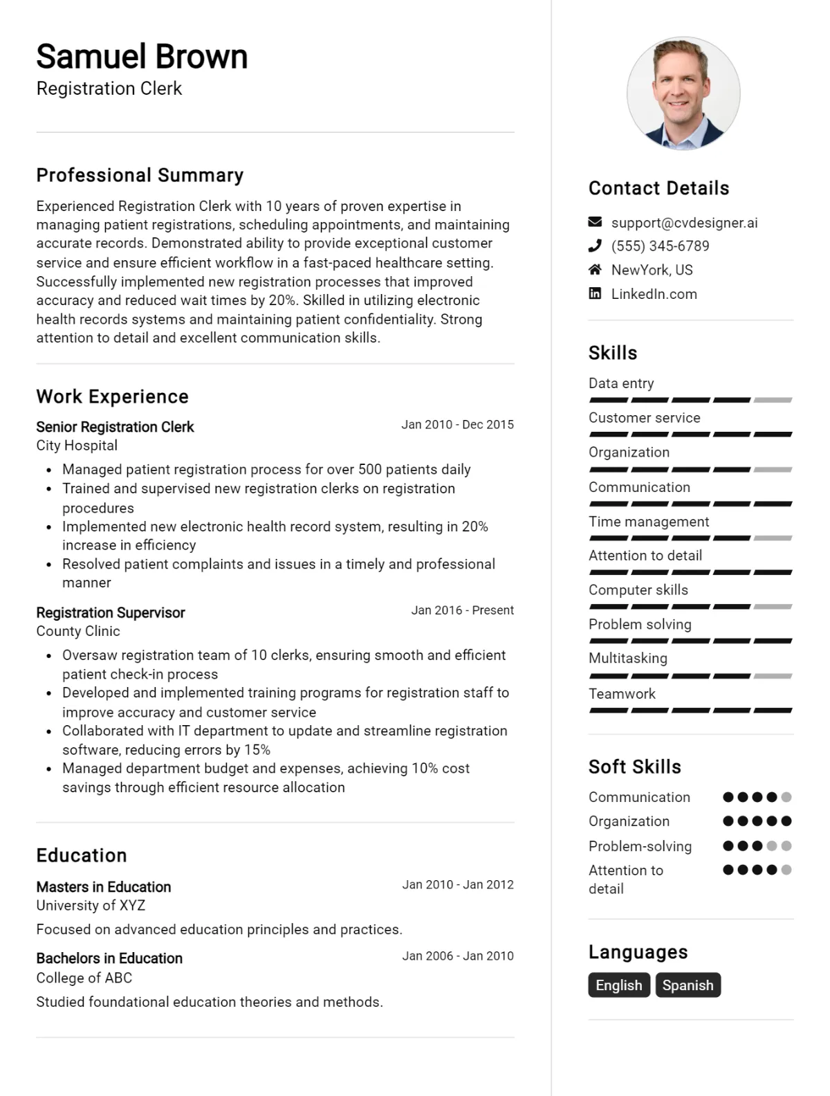 Registration Clerk CV Example