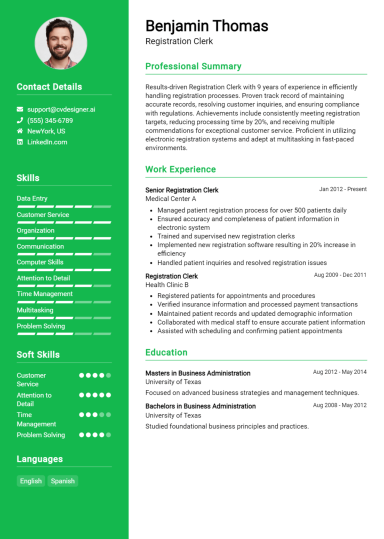 Registration Clerk Resume Example for 2025: Proven Tips & Templates