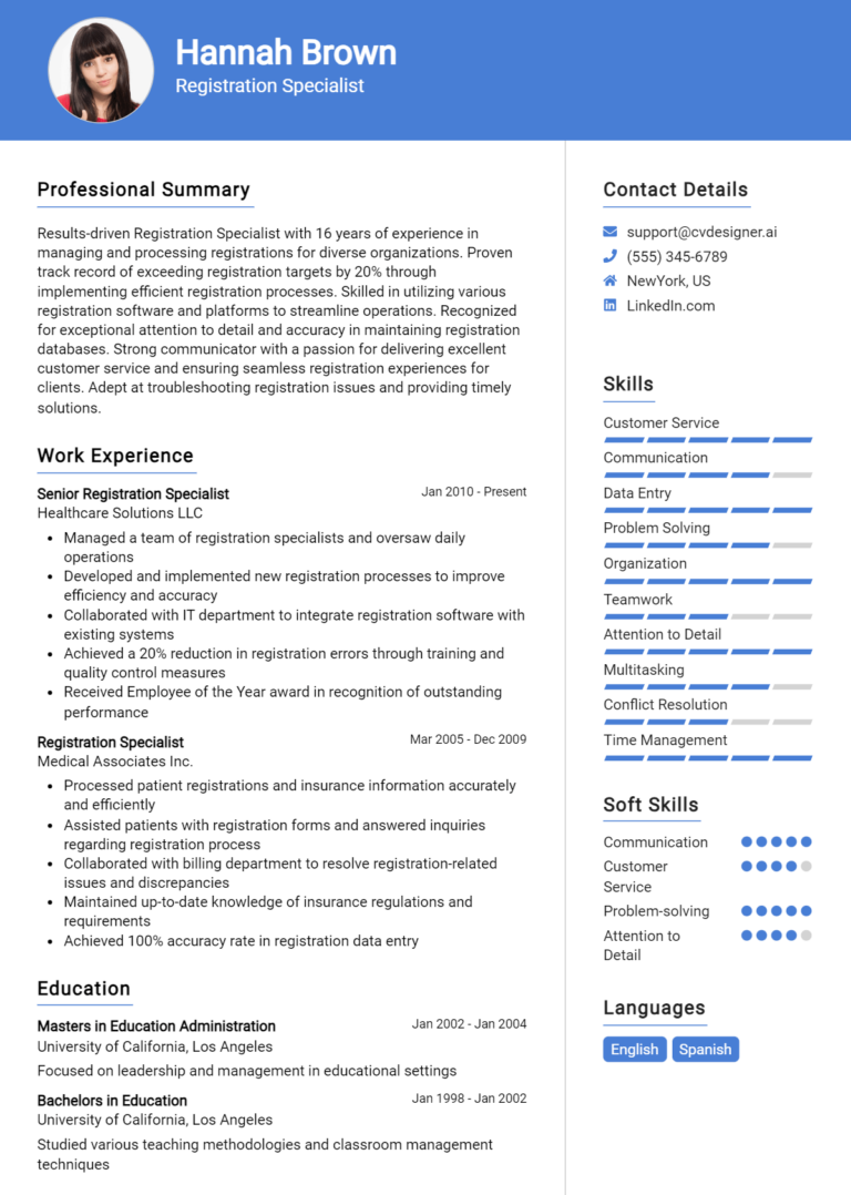 Registration Specialist Resume Example for 2025: Expert Tips & Templates