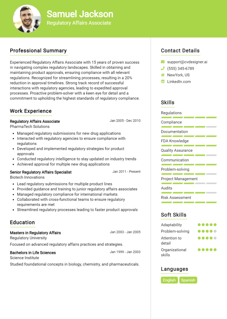 Regulatory Affairs Associate Resume Example for 2025: Tips to Stand Out
