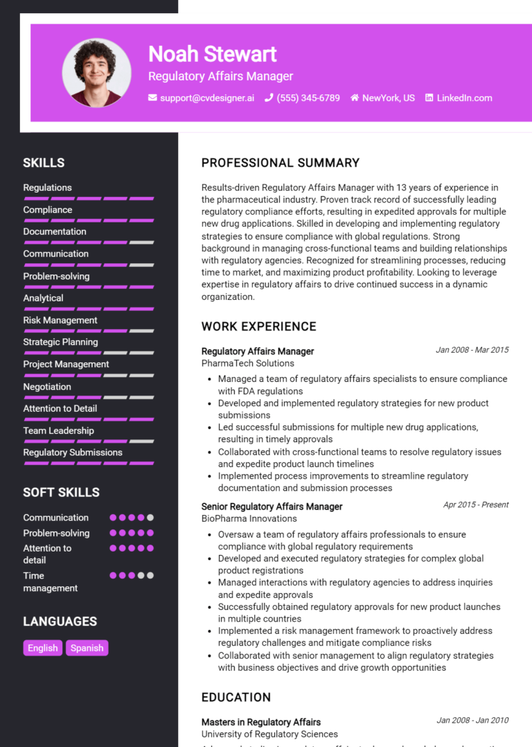 Regulatory Affairs Manager Resume Example for 2025: Tips to Stand Out