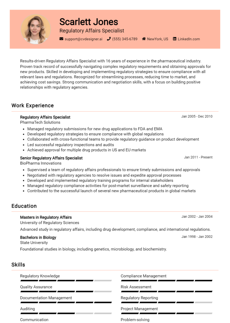 Regulatory Affairs Specialist Resume Example for 2025: Tips to Stand Out