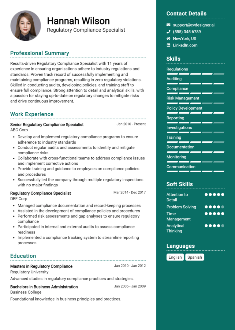 Regulatory Compliance Specialist Resume Example for 2025: How to Create a Professional CV