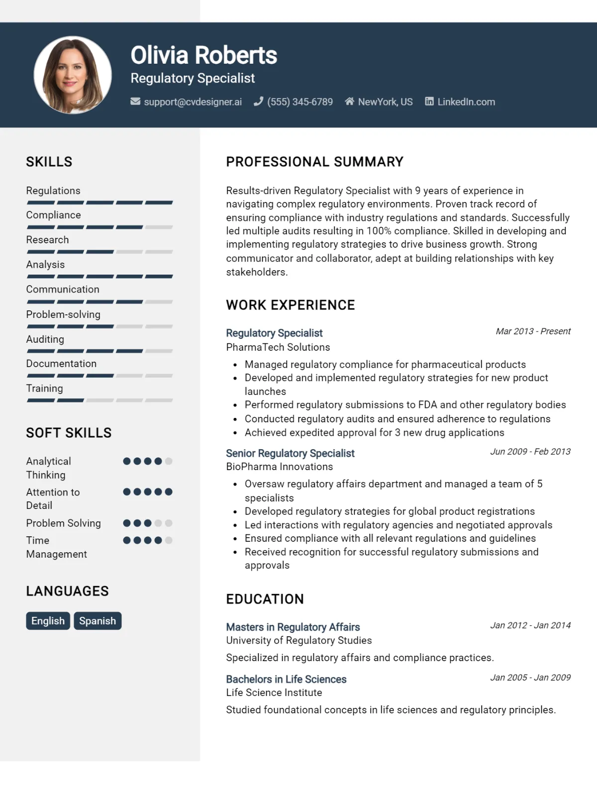 Regulatory Specialist CV Example