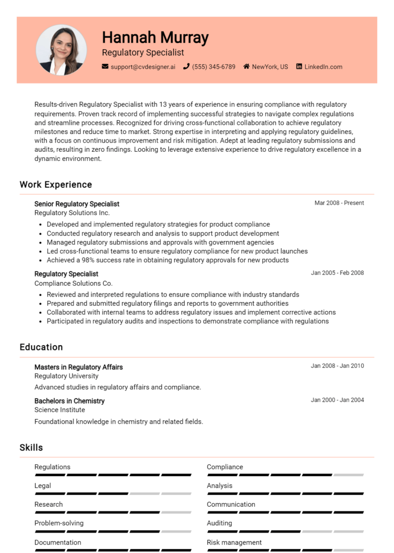 Regulatory Specialist Resume Example for 2025: How to Craft a Winning CV