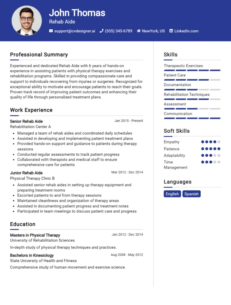 Rehab Aide CV Example For 2025: Tips to Stand Out