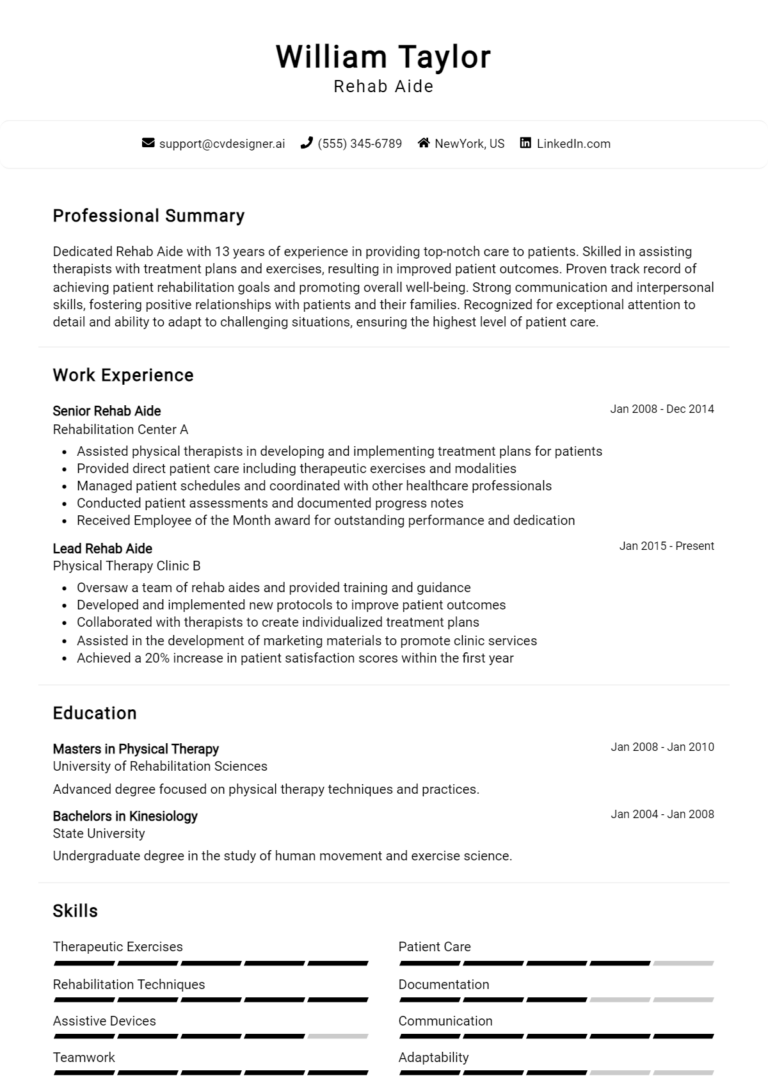 Rehab Aide Resume Example for 2025: Best Formatting Tips