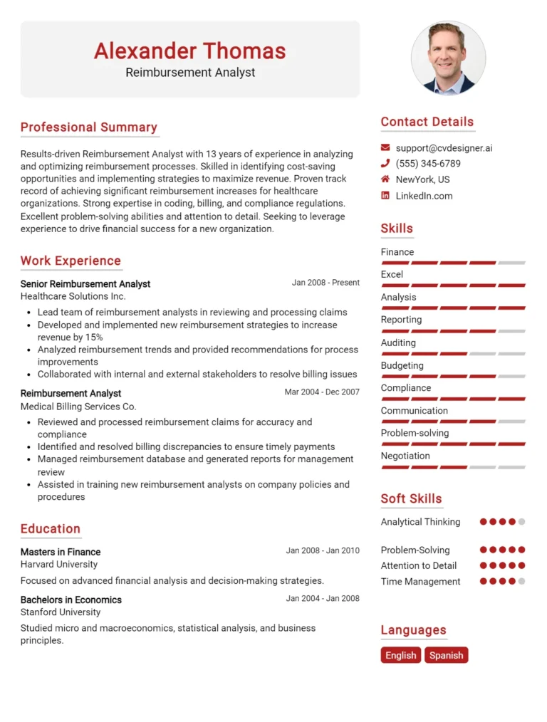 Reimbursement Analyst CV Example For 2025: Top CV Skills