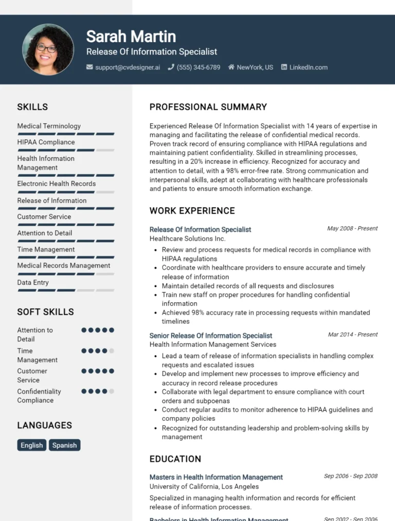 Release Of Information Specialist CV Example For 2025: Tips & Templates