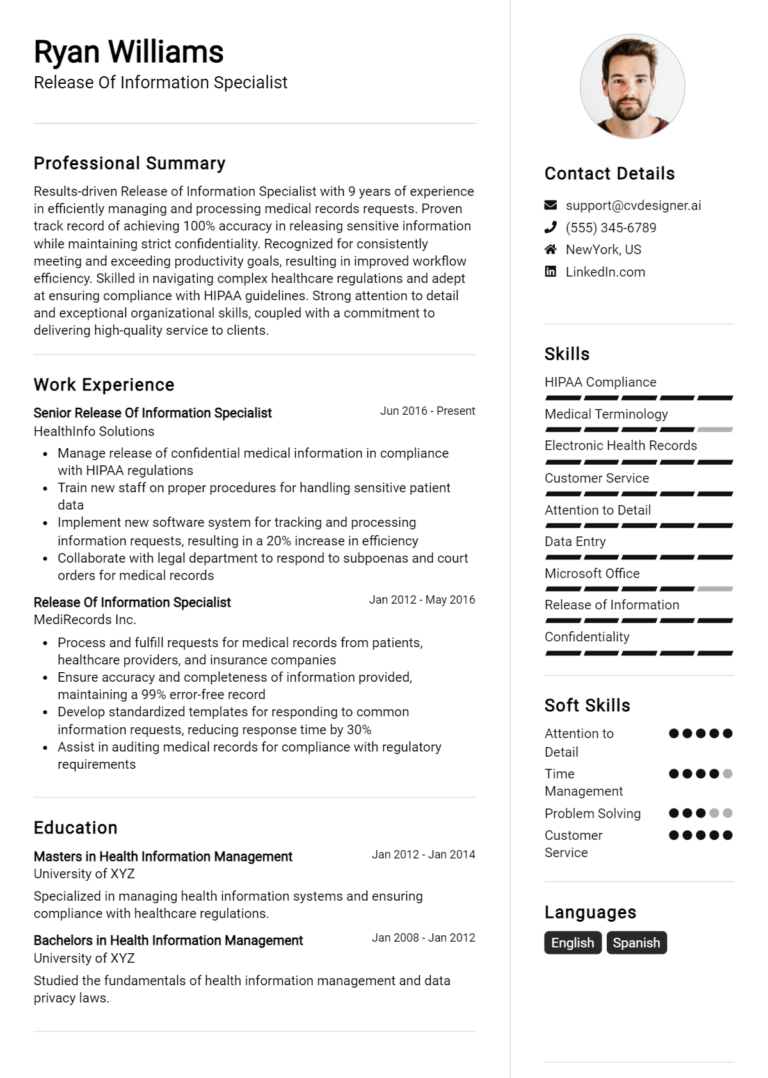 Release Of Information Specialist Resume Example for 2025: Proven Tips & Templates