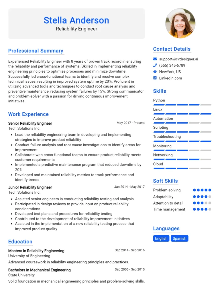 Reliability Engineer CV Example For 2025: Top Tips & Samples