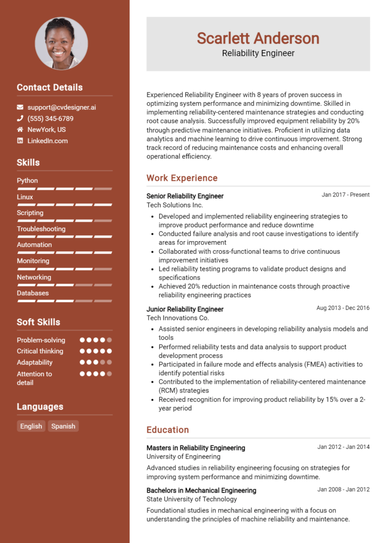 Reliability Engineer Resume Example for 2025: Best Formatting Tips
