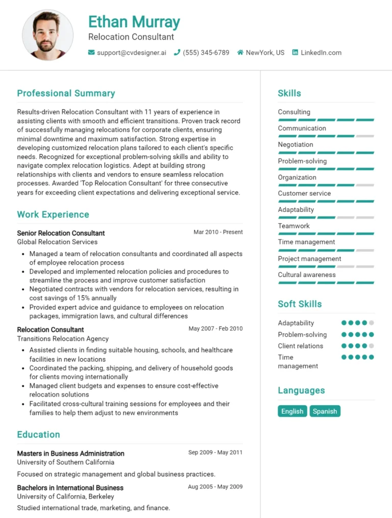 Relocation Consultant CV Example For 2025: Tips & Templates