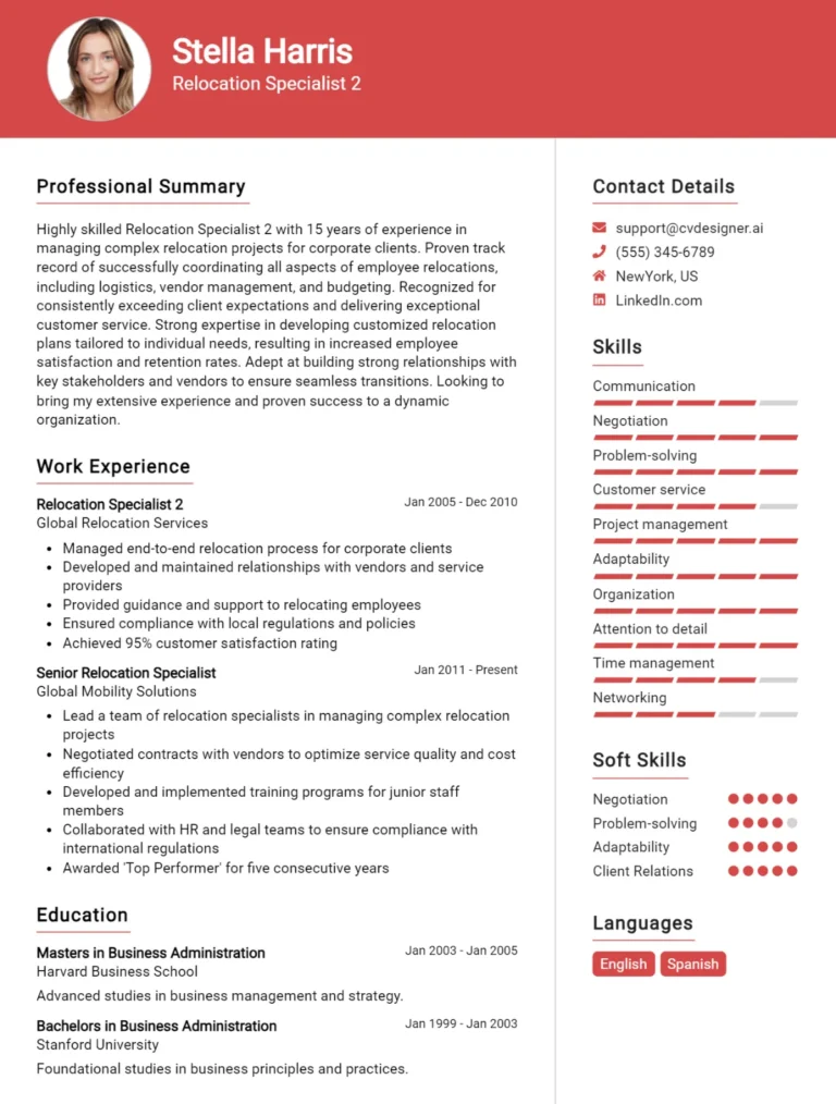 Relocation Specialist CV Example For 2025: Best Writing Guide