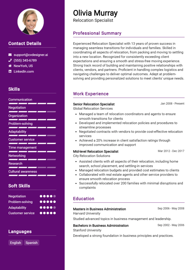 Relocation Specialist Resume Example for 2025: Proven Tips & Templates