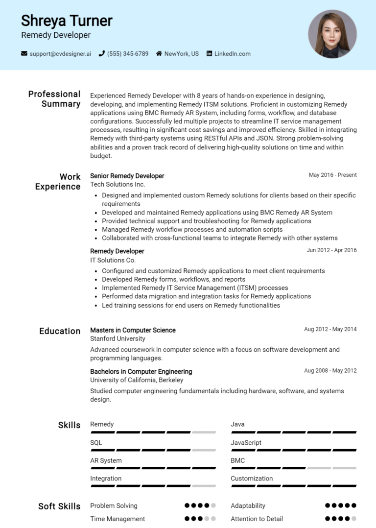 Remedy Developer Resume Example for 2025: Best Tips