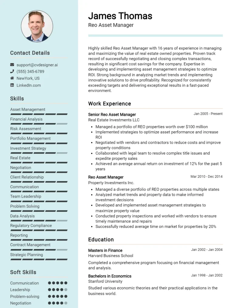 REO Asset Manager CV Example For 2025: Top CV Skills