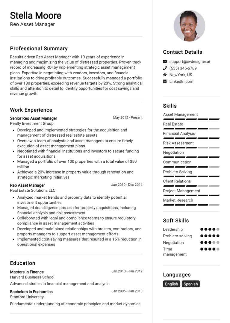 Reo Asset Manager Resume Example for 2025: Free Downloadable Templates