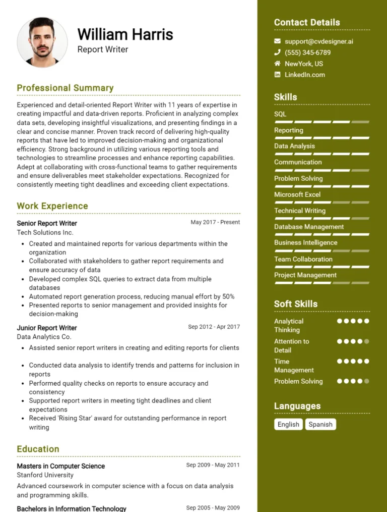 Report Writer CV Example For 2025: Best Writing Guide