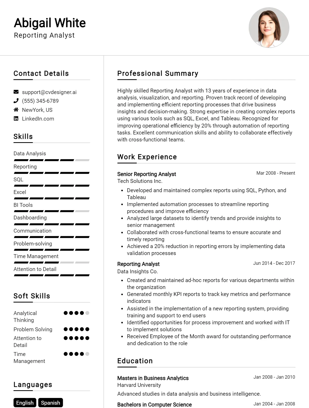 Reporting Analyst CV Example