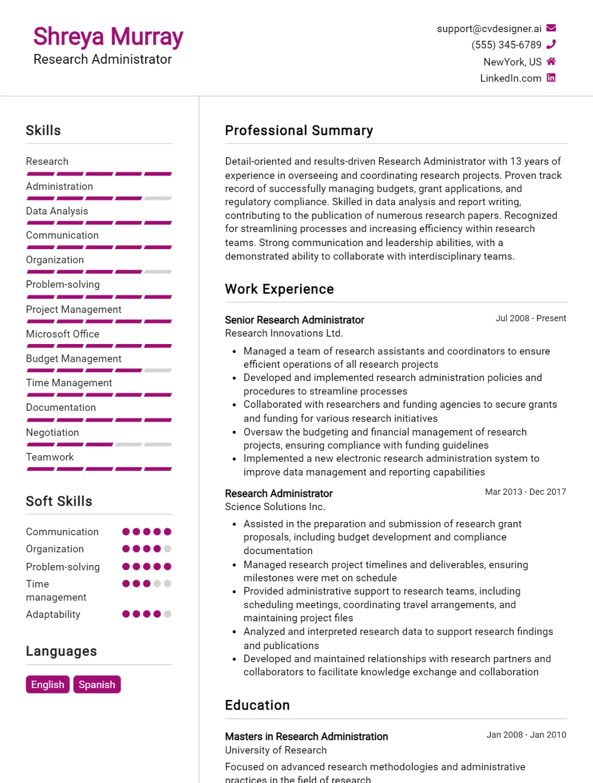 Research Administrator CV Example