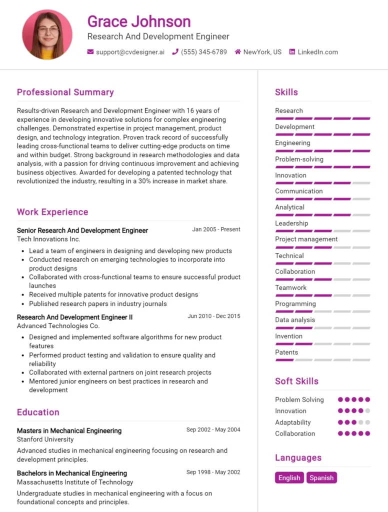 Research And Development Engineer CV Example