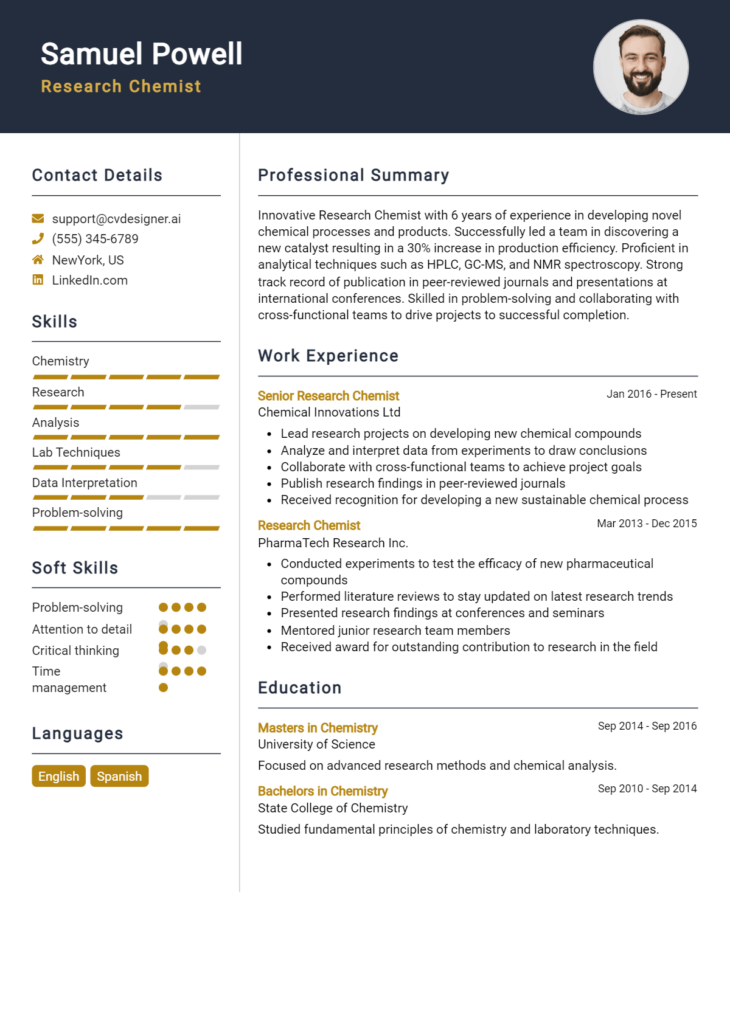 Research Chemist Resume Example for 2024: Tips & Templates - CVDesigner.ai