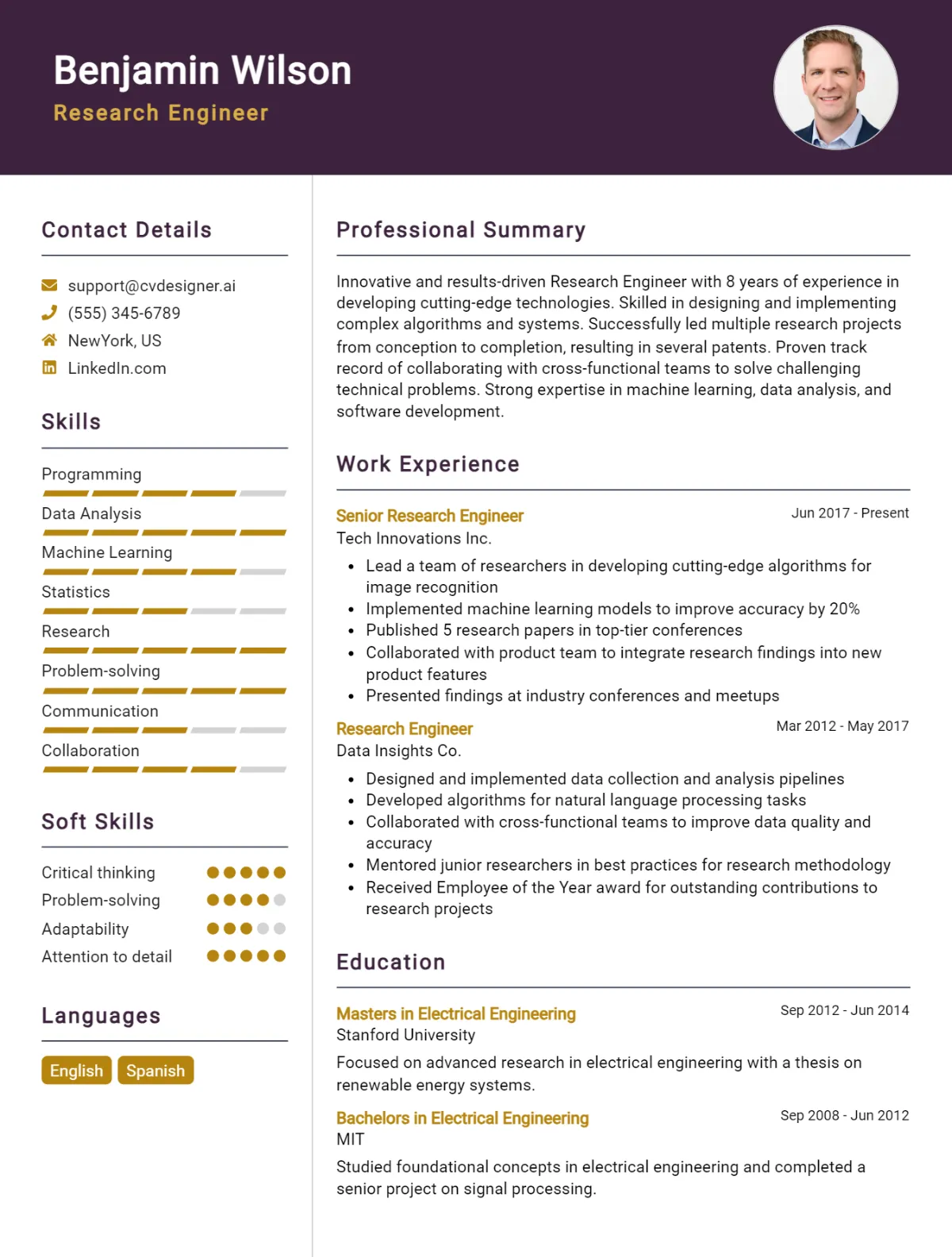 Research Engineer CV Example