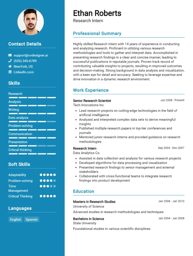Research Intern CV Example For 2025: Professional CV Templates