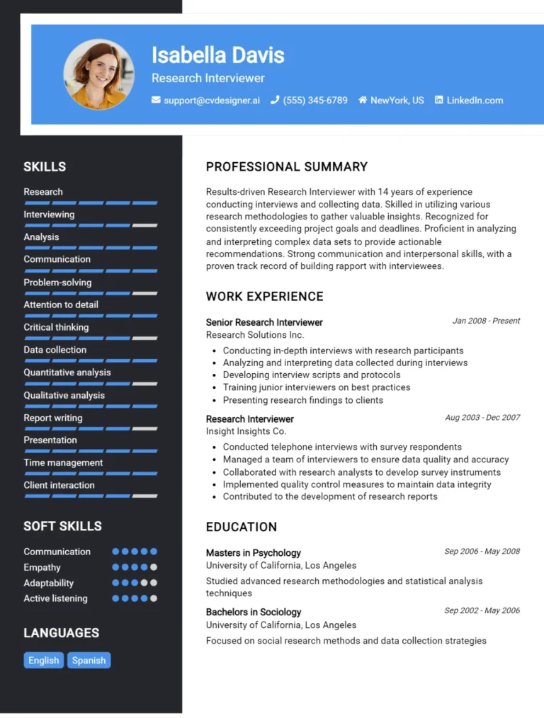 Research Interviewer CV Example For 2025: Free Downloadable Templates