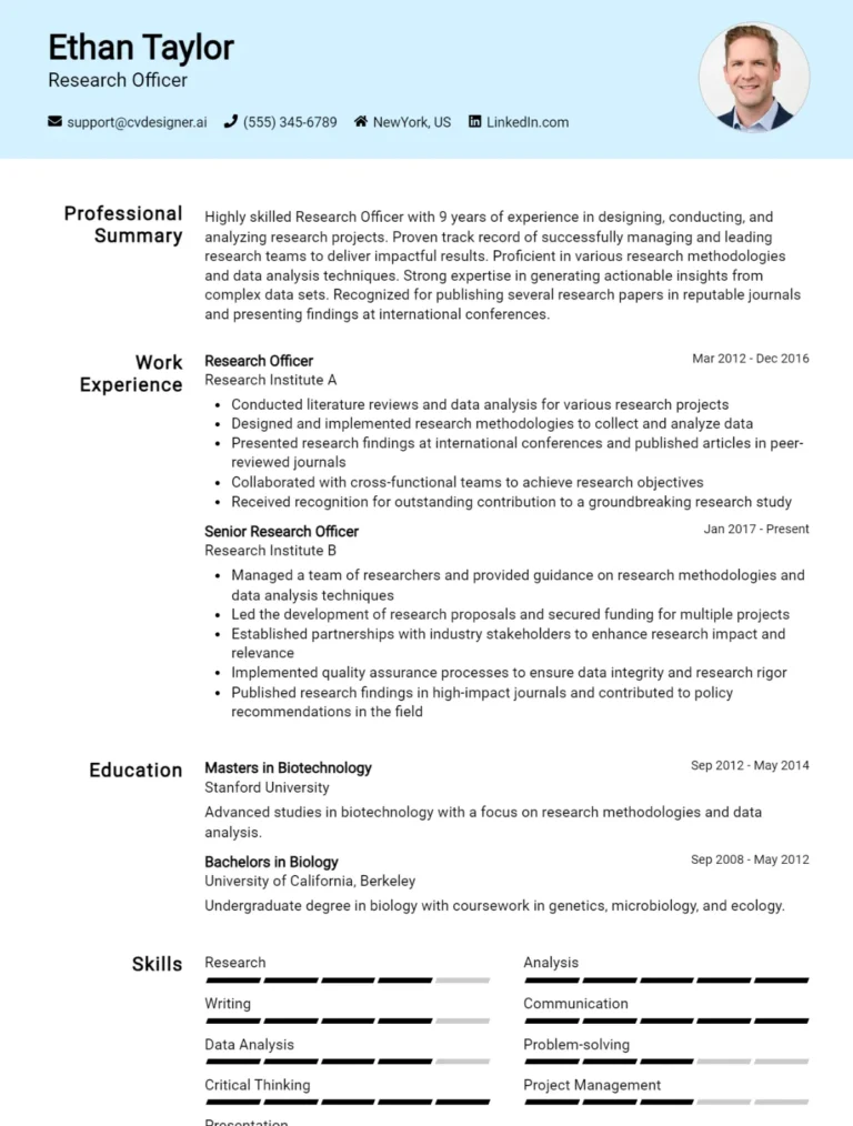 Research Officer CV Example For 2025: Free Downloadable Templates
