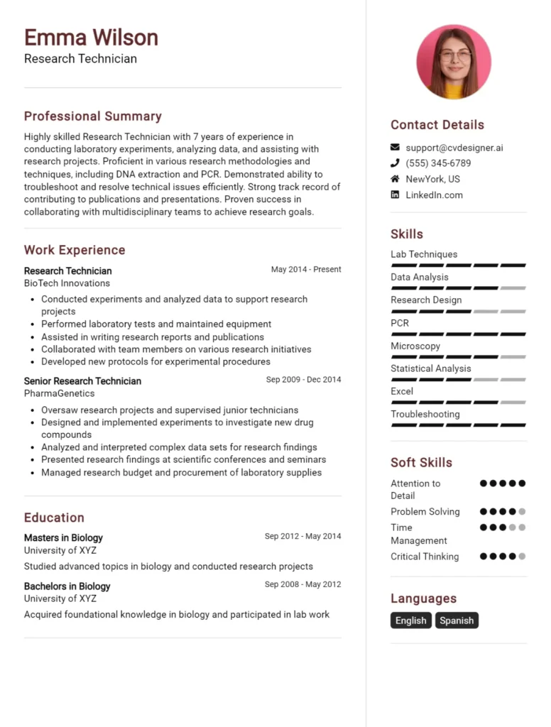 Research Technician CV Example