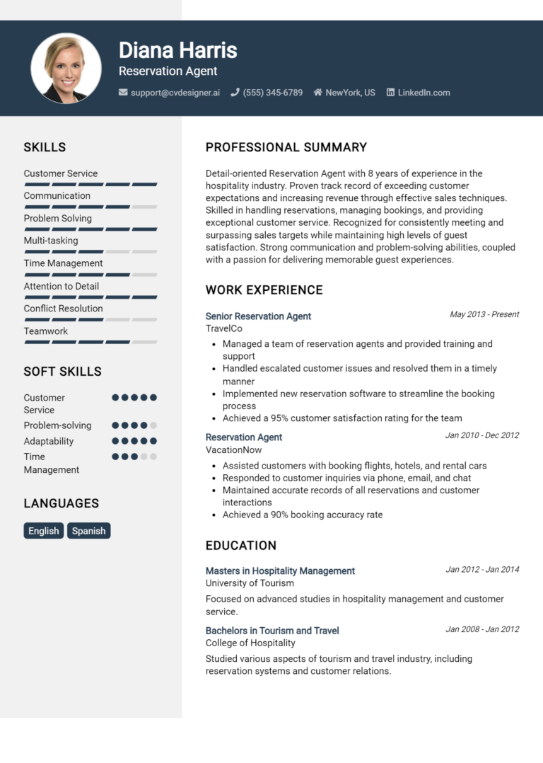 Reservation Agent Resume Example for 2025: Resume Guide