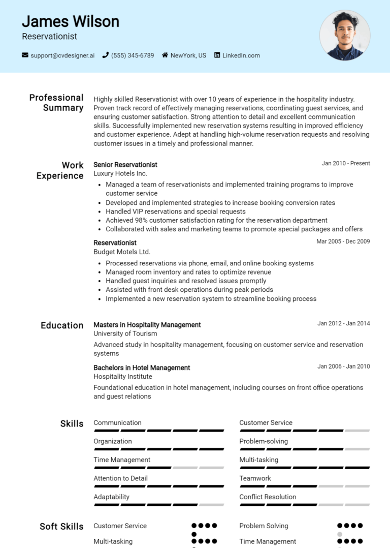 Reservationist Resume Example for 2025: How to Craft a Winning CV