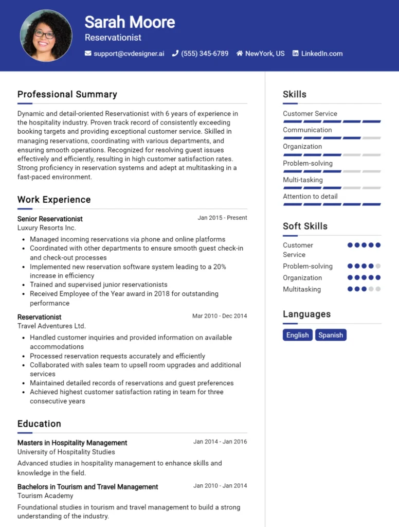 Reservationist CV Example