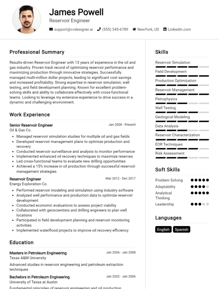 Reservoir Engineer CV Example For 2025: Ultimate Guide
