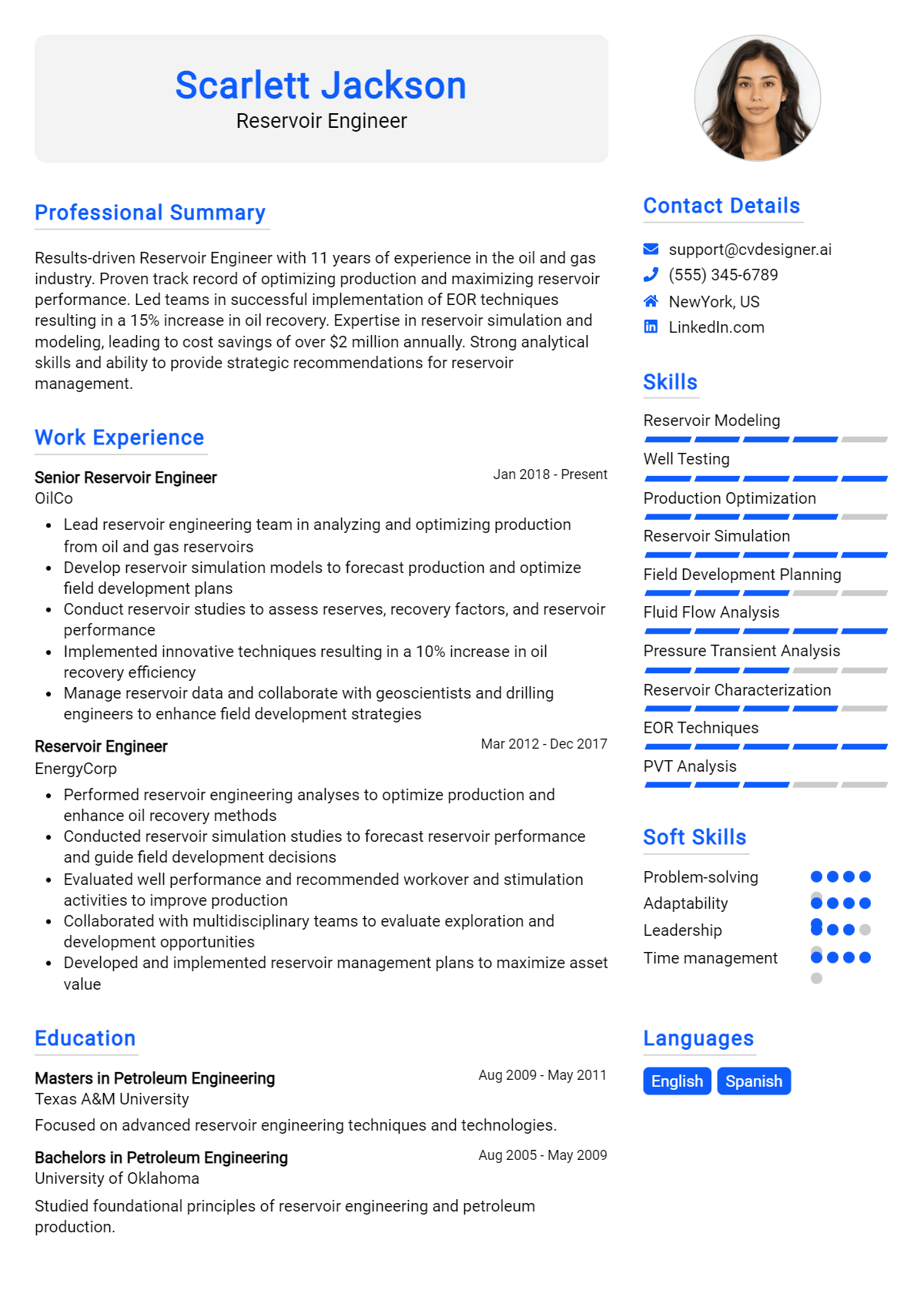 Reservoir Engineer Resume Example