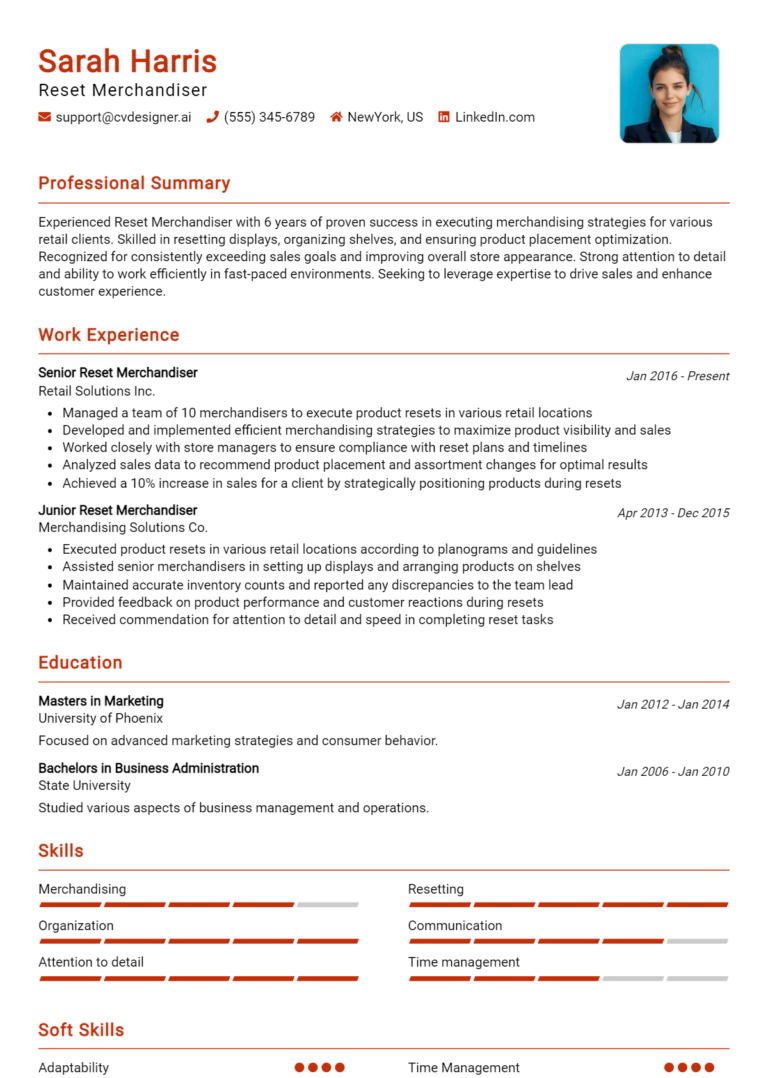 Reset Merchandiser Resume Example for 2025: Effective CV Writing Tips