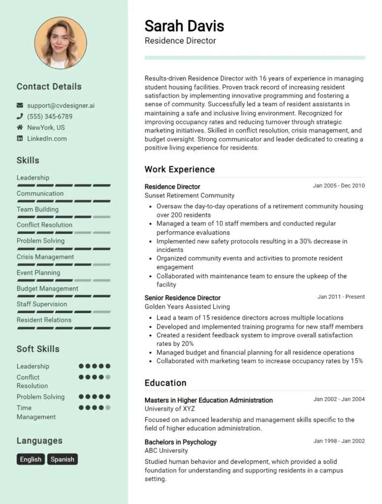 Residence Director CV Example