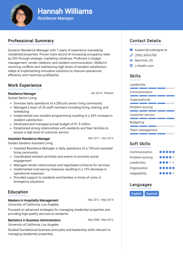 Residence Manager Resume Example for 2025: Writing Guide