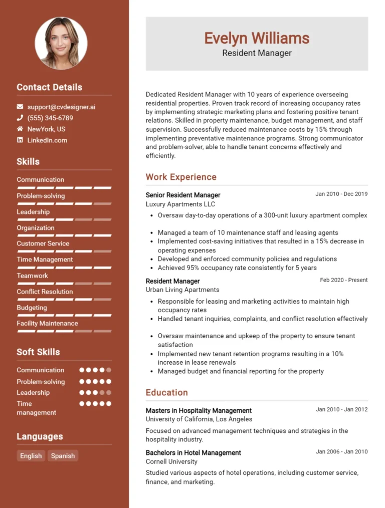 Resident Manager CV Example For 2025: Expert Tips & Templates