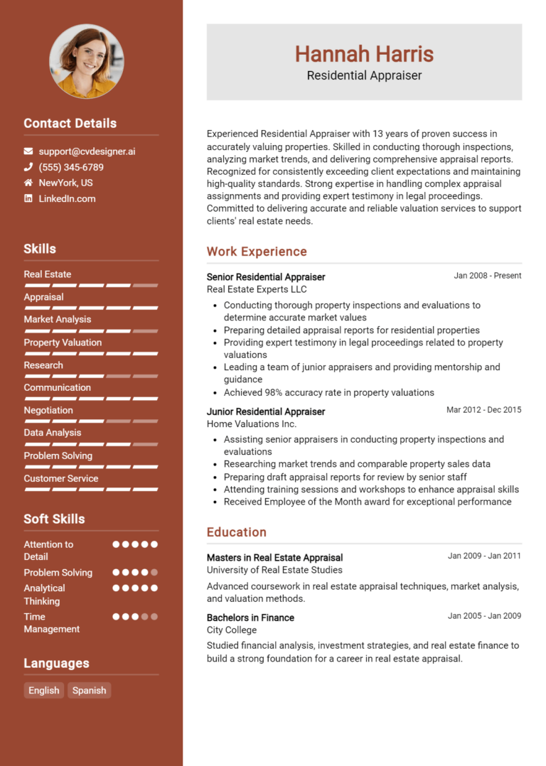 Residential Appraiser Resume Example for 2025: Best Tips & Templates