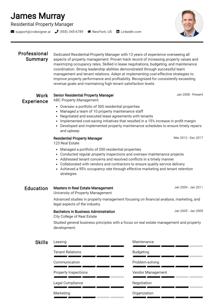 Residential Property Manager Resume Example