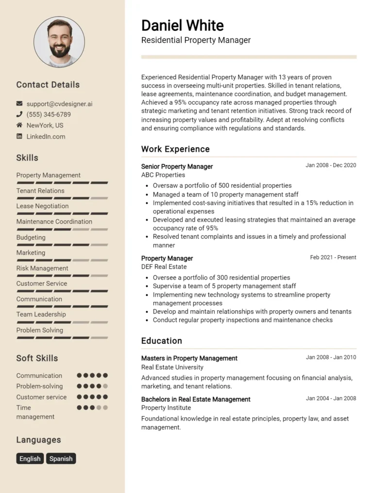 Residential Property Manager CV Example For 2025: Effective CV Writing Tips