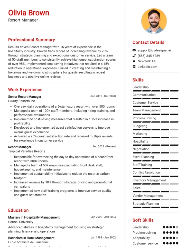 Resort Manager CV Example For 2025: Best Tips & Templates