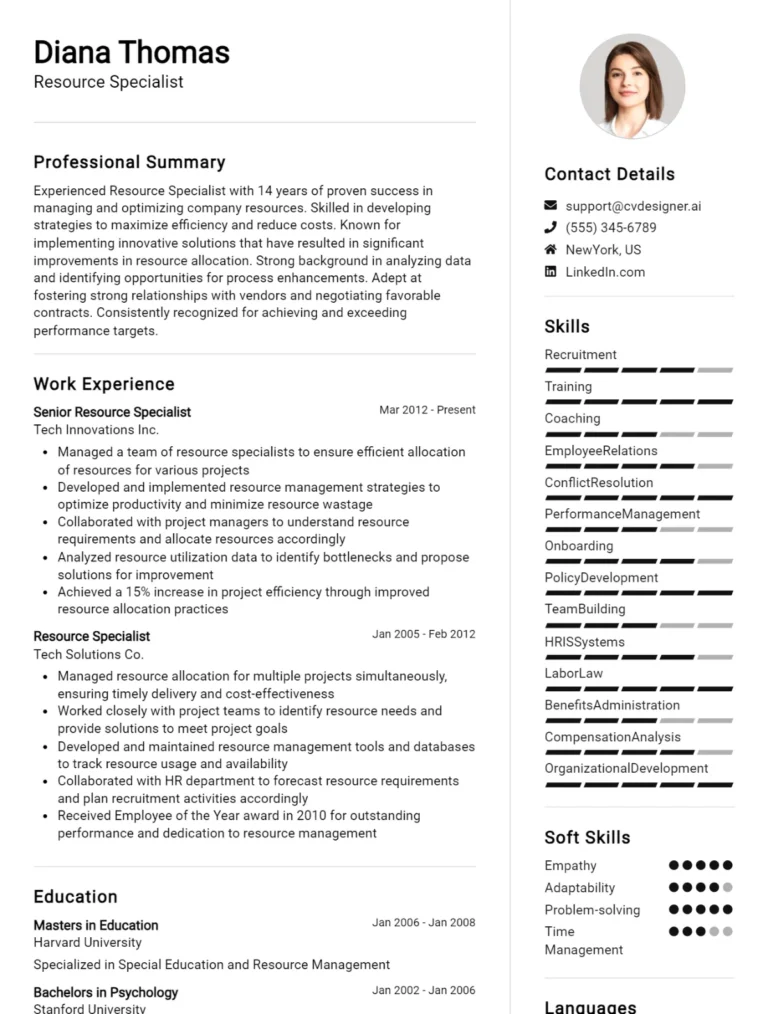 Resource Specialist CV Example For 2025: Proven Tips & Templates