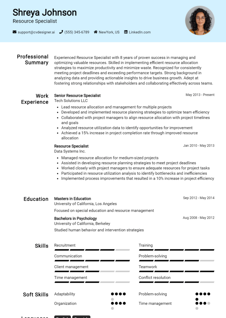 Resource Specialist Resume Example for 2025: How to Create a Professional CV