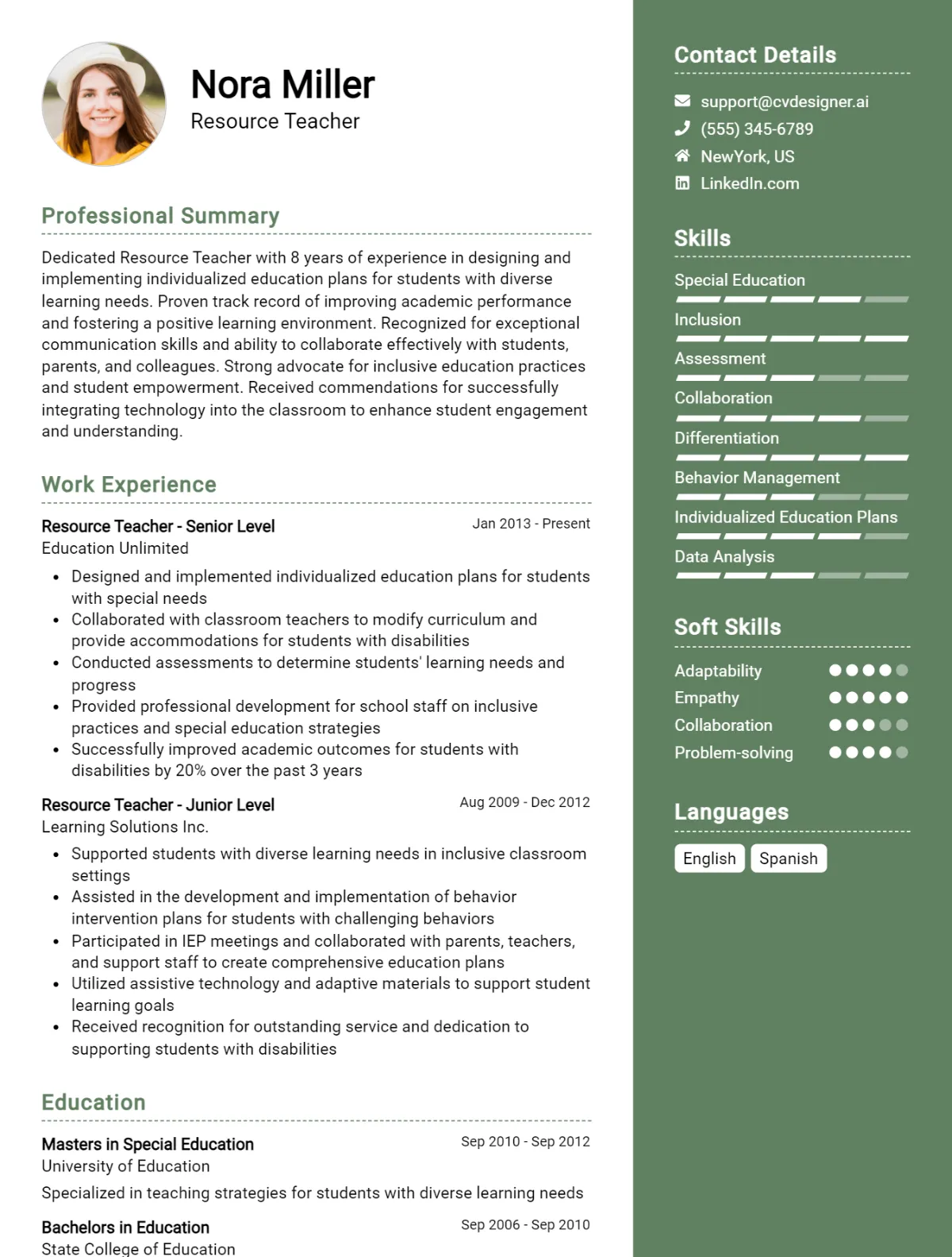 Resource Teacher CV Example