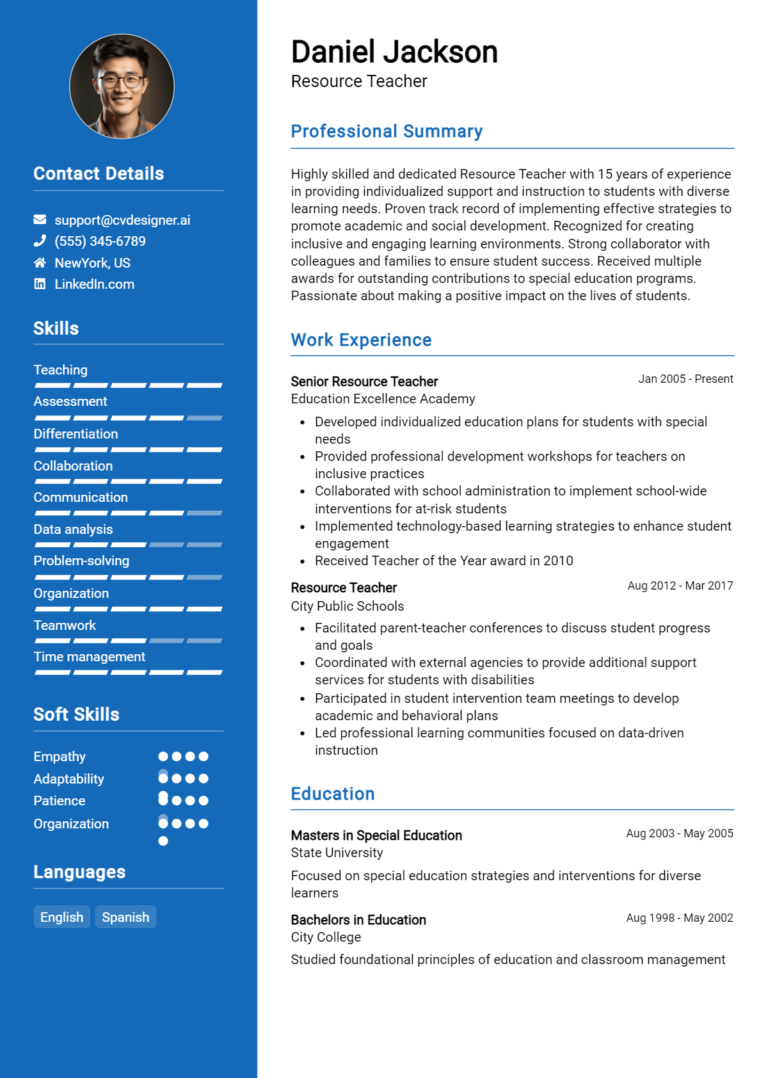 Resource Teacher Resume Example for 2025: Expert Tips & Templates